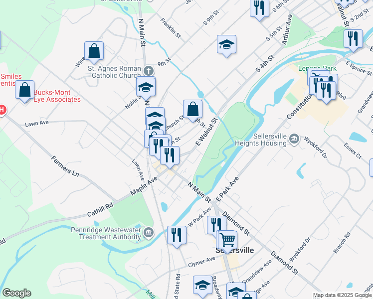 map of restaurants, bars, coffee shops, grocery stores, and more near 69 East Temple Avenue in Sellersville