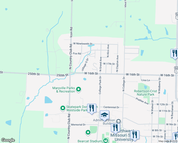 map of restaurants, bars, coffee shops, grocery stores, and more near 1201-1299 W 16th St in Maryville