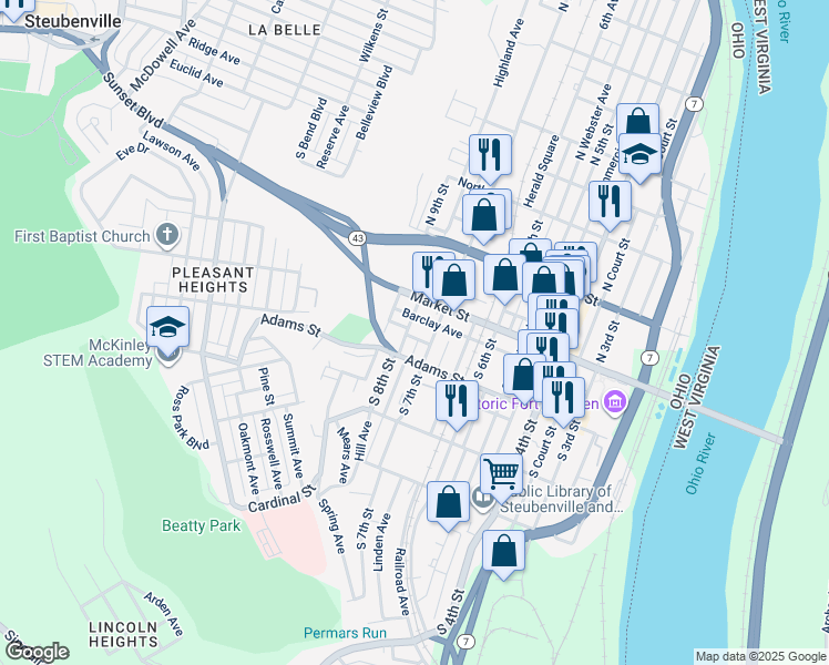 map of restaurants, bars, coffee shops, grocery stores, and more near 128 South 8th Street in Steubenville