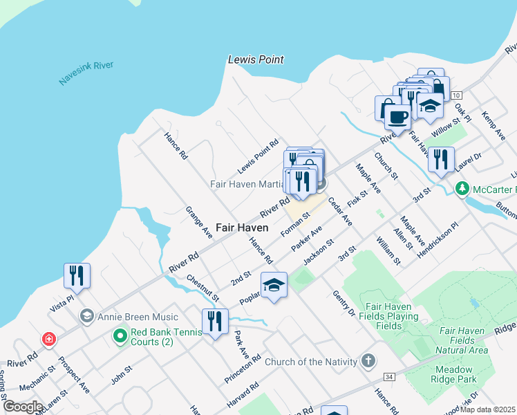 map of restaurants, bars, coffee shops, grocery stores, and more near 529 River Rd in Fair Haven