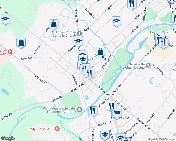 map of restaurants, bars, coffee shops, grocery stores, and more near 20 Green Street in Sellersville