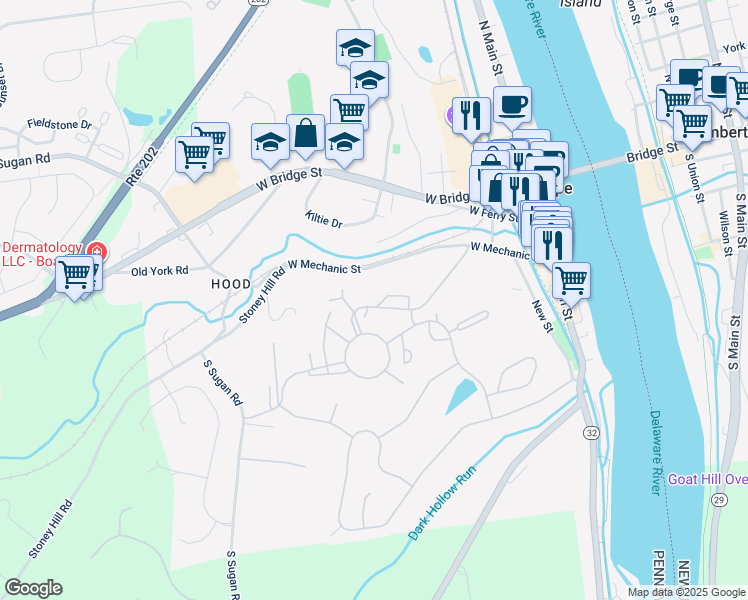 map of restaurants, bars, coffee shops, grocery stores, and more near 7 Arden Way in New Hope