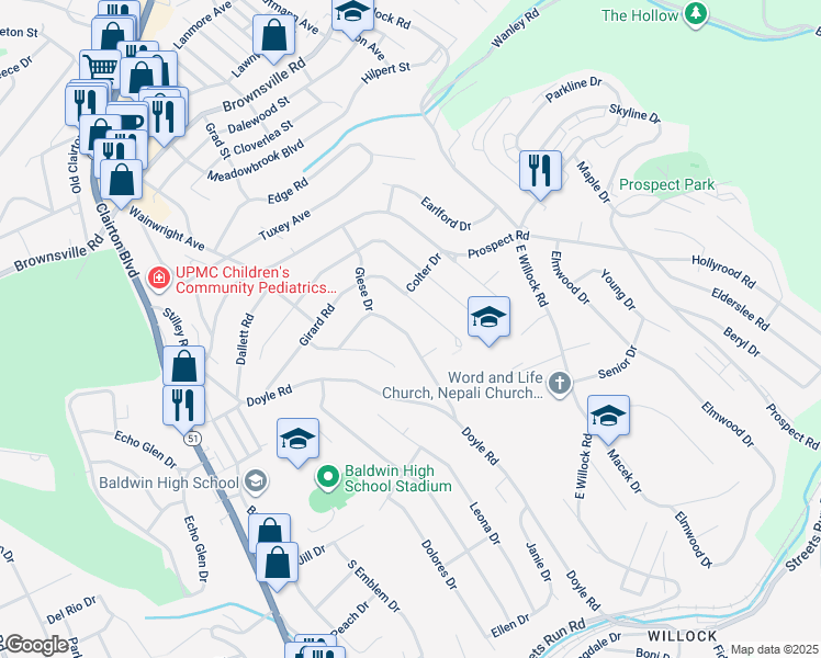 map of restaurants, bars, coffee shops, grocery stores, and more near 4803 Oakridge Drive in Pittsburgh