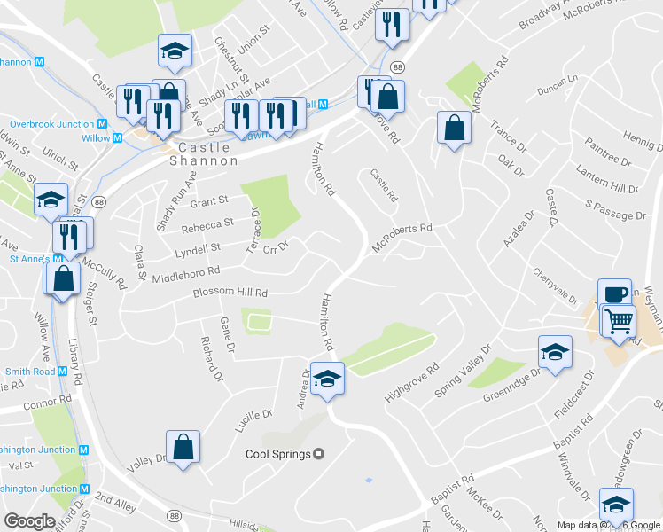 map of restaurants, bars, coffee shops, grocery stores, and more near 3511 Middleboro Rd in Pittsburgh