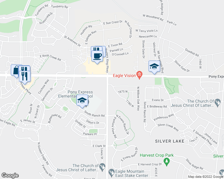 map of restaurants, bars, coffee shops, grocery stores, and more near 7729 North Bridleway Road in Eagle Mountain