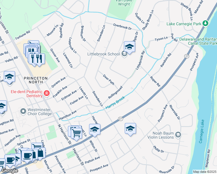 map of restaurants, bars, coffee shops, grocery stores, and more near 16 Clover Lane in Princeton