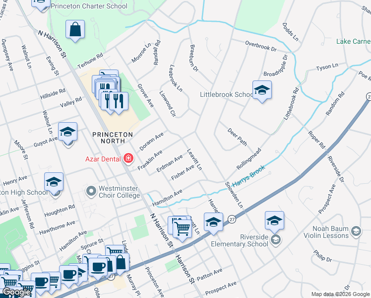 map of restaurants, bars, coffee shops, grocery stores, and more near 74 Leavitt Lane in Princeton