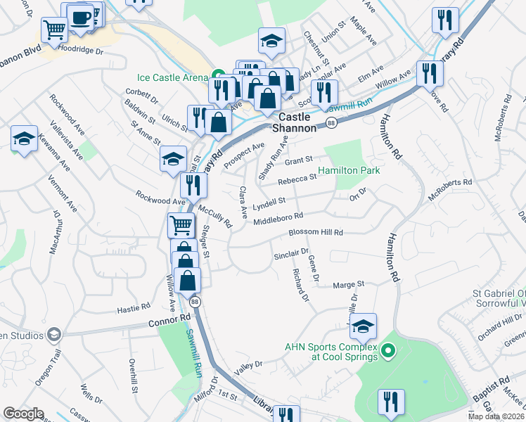 map of restaurants, bars, coffee shops, grocery stores, and more near 3904 Middleboro Road in Pittsburgh