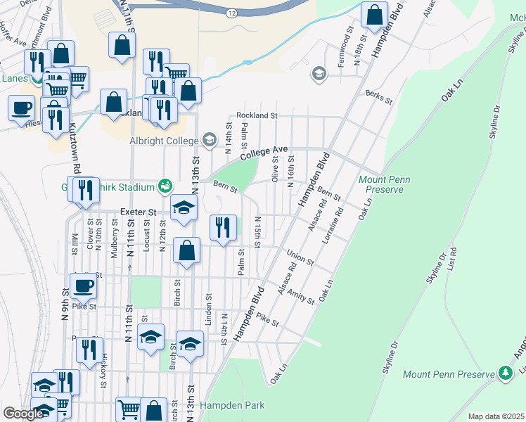 map of restaurants, bars, coffee shops, grocery stores, and more near 1701 North 15th Street in Reading