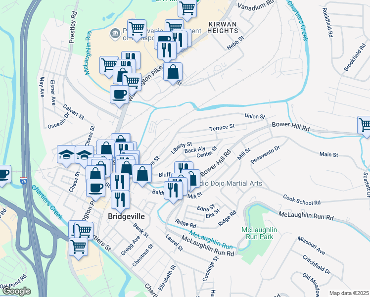 map of restaurants, bars, coffee shops, grocery stores, and more near 320 Center Street in Bridgeville