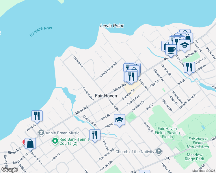 map of restaurants, bars, coffee shops, grocery stores, and more near 95 Hance Road in Fair Haven
