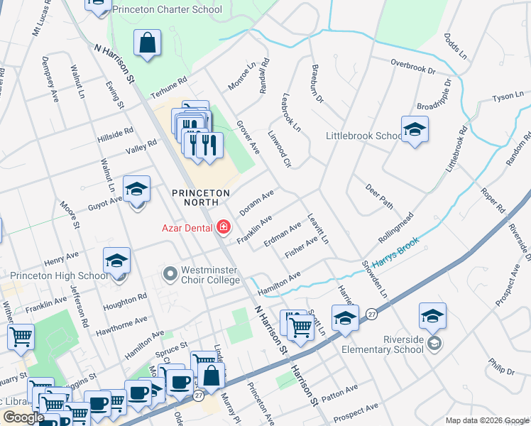 map of restaurants, bars, coffee shops, grocery stores, and more near 360 Franklin Avenue in Princeton