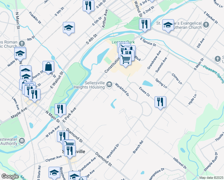map of restaurants, bars, coffee shops, grocery stores, and more near 103 East Ridge Avenue in Sellersville