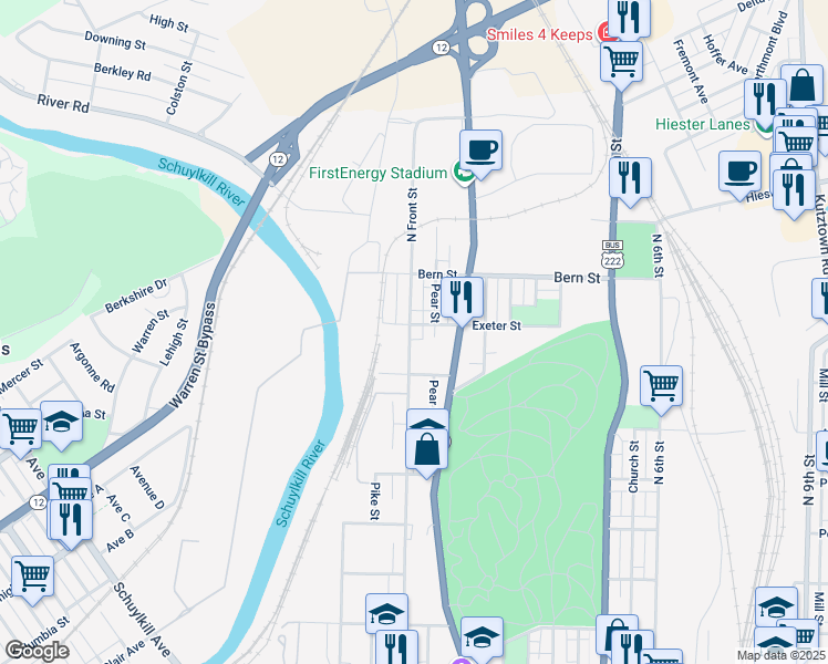 map of restaurants, bars, coffee shops, grocery stores, and more near 112A Exeter Street in Reading
