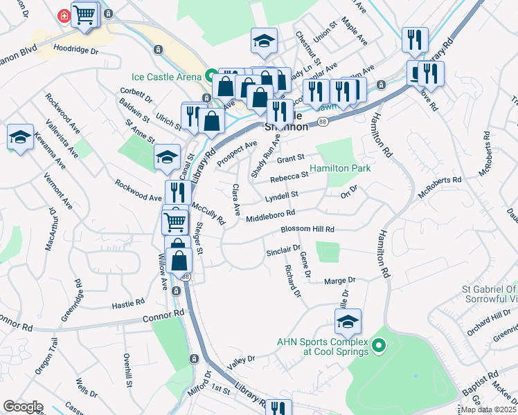 map of restaurants, bars, coffee shops, grocery stores, and more near 3904 Middleboro Road in Pittsburgh