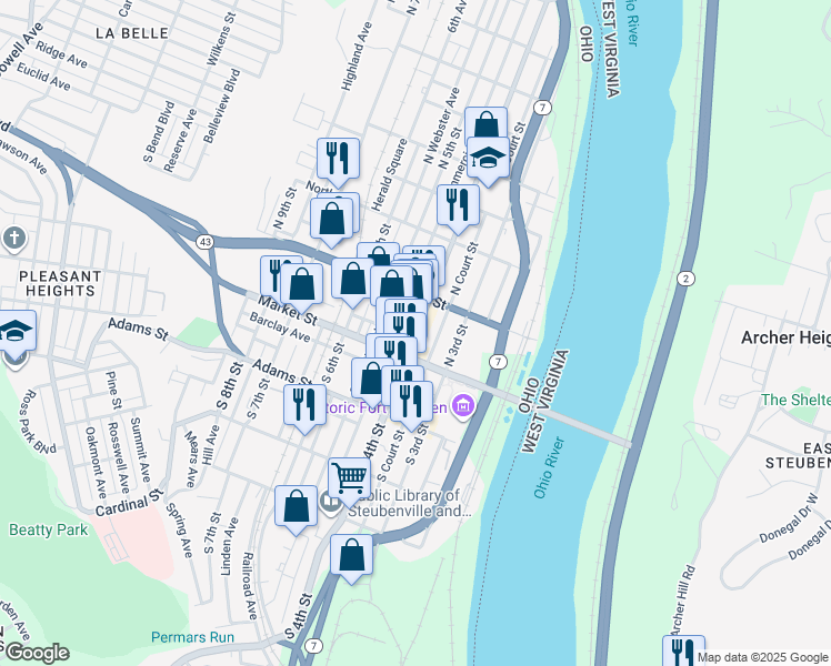 map of restaurants, bars, coffee shops, grocery stores, and more near 124 North 4th Street in Steubenville