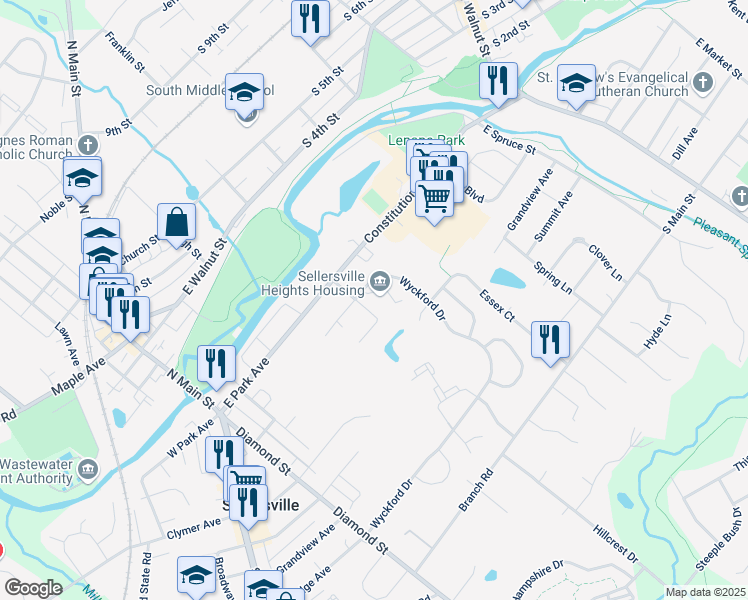map of restaurants, bars, coffee shops, grocery stores, and more near 103 East Ridge Avenue in Sellersville