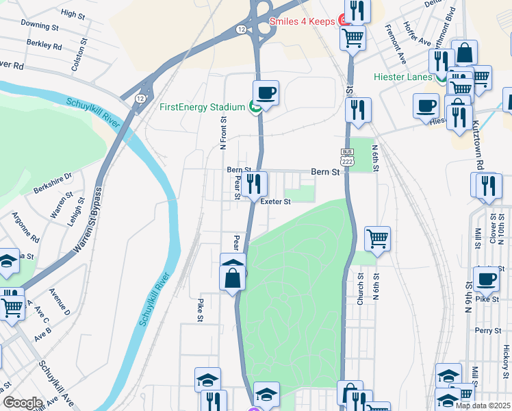map of restaurants, bars, coffee shops, grocery stores, and more near 1635 Centre Avenue in Reading