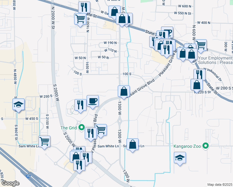 map of restaurants, bars, coffee shops, grocery stores, and more near 1364 Pleasant Grove Boulevard in Pleasant Grove