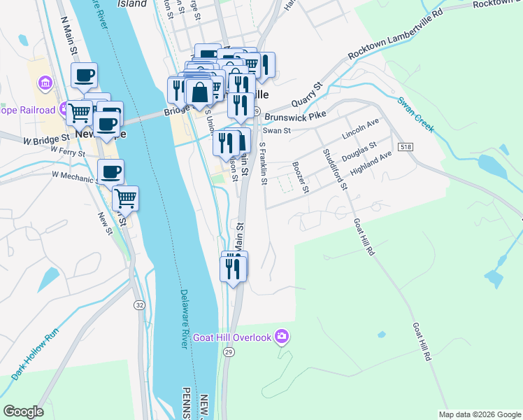 map of restaurants, bars, coffee shops, grocery stores, and more near 119 South Franklin Street in Lambertville