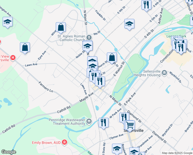 map of restaurants, bars, coffee shops, grocery stores, and more near 40 Green St in Sellersville