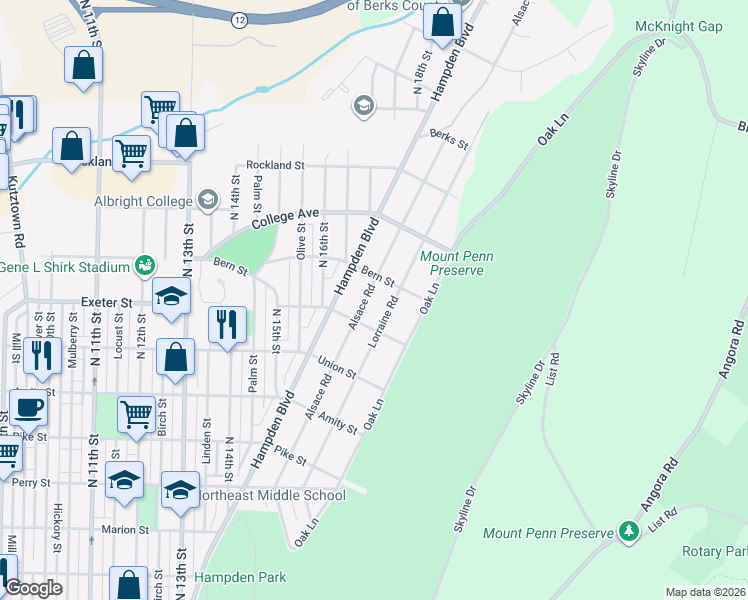 map of restaurants, bars, coffee shops, grocery stores, and more near 1730 Lorraine Road in Reading