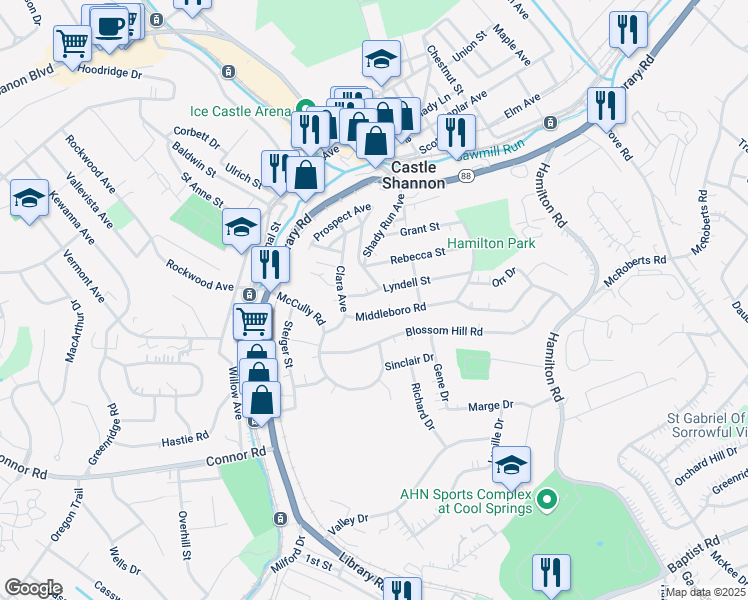 map of restaurants, bars, coffee shops, grocery stores, and more near 3904 Middleboro Road in Pittsburgh