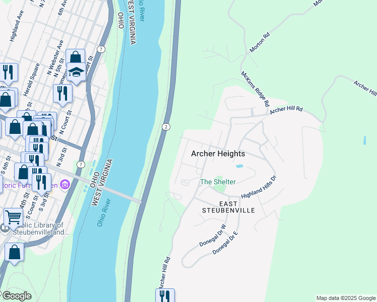 map of restaurants, bars, coffee shops, grocery stores, and more near 43 Finley Boulevard in Follansbee
