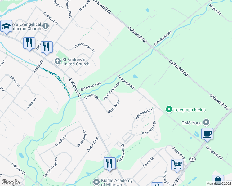 map of restaurants, bars, coffee shops, grocery stores, and more near 125 Misty Meadow in Perkasie
