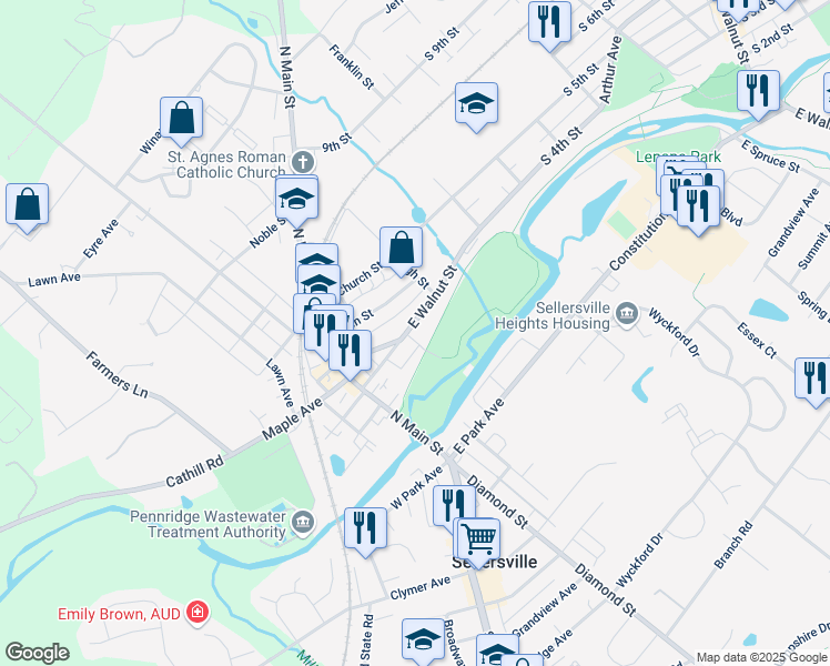 map of restaurants, bars, coffee shops, grocery stores, and more near 124 East Walnut Street in Sellersville