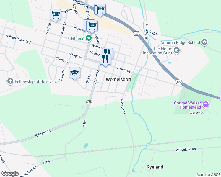 map of restaurants, bars, coffee shops, grocery stores, and more near 117 South Front Street in Womelsdorf