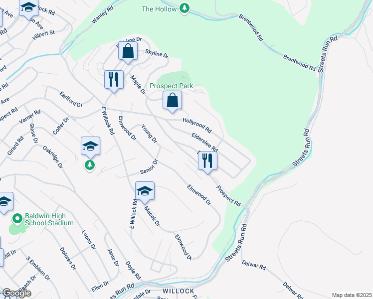 map of restaurants, bars, coffee shops, grocery stores, and more near 1644 Beryl Drive in Pittsburgh
