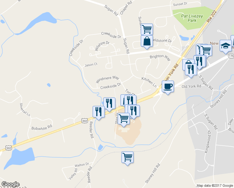 map of restaurants, bars, coffee shops, grocery stores, and more near 143 Shire Drive in New Hope