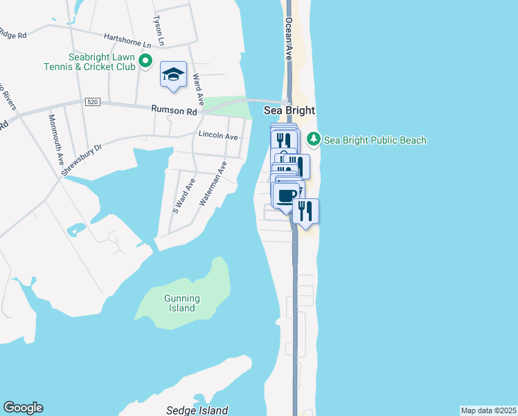 map of restaurants, bars, coffee shops, grocery stores, and more near 6 West Front Street in Sea Bright