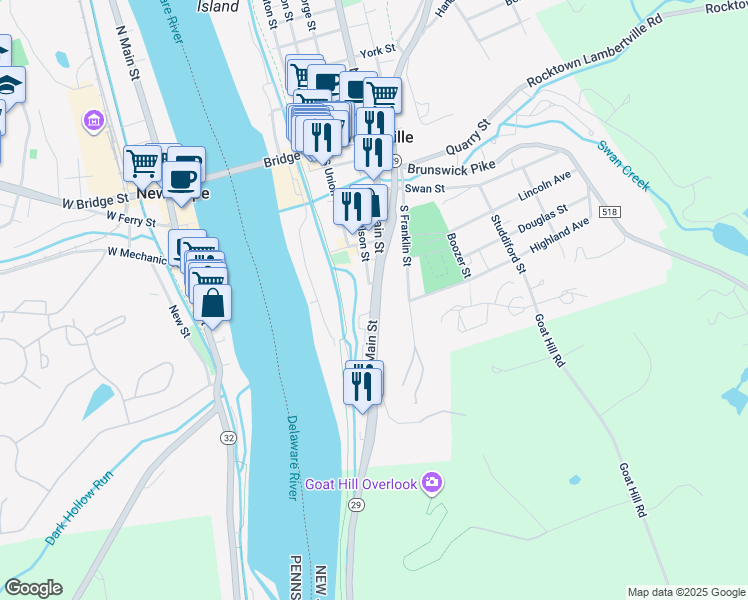map of restaurants, bars, coffee shops, grocery stores, and more near South Main Street in Lambertville