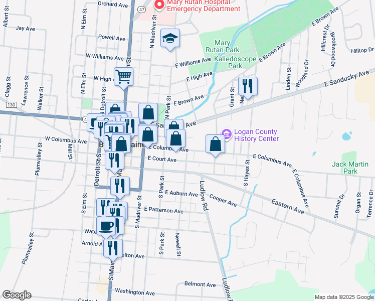 map of restaurants, bars, coffee shops, grocery stores, and more near 400 East Columbus Avenue in Bellefontaine