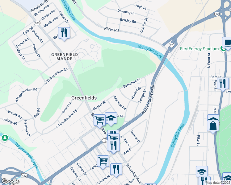 map of restaurants, bars, coffee shops, grocery stores, and more near 1575 Argonne Road in Reading