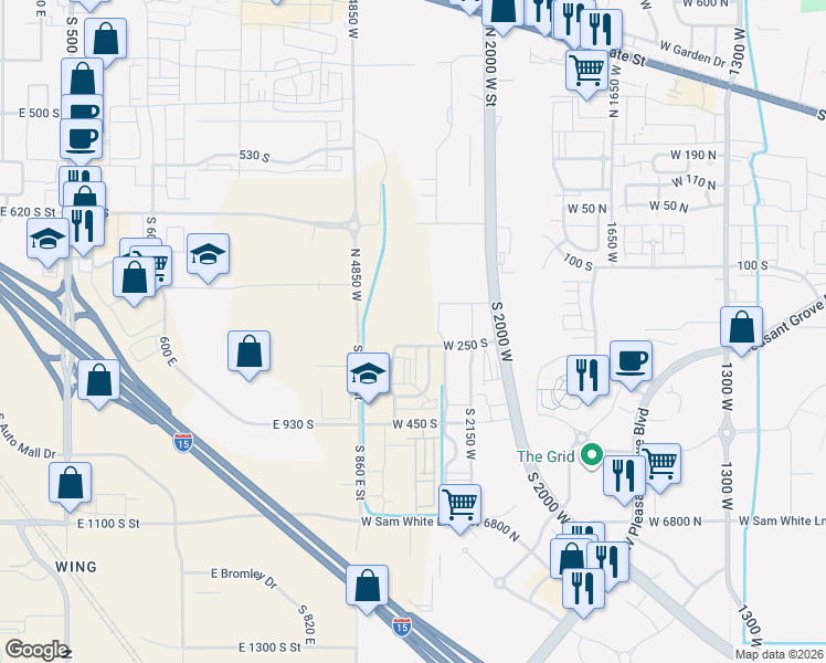 map of restaurants, bars, coffee shops, grocery stores, and more near 2340 West 250 South in Pleasant Grove