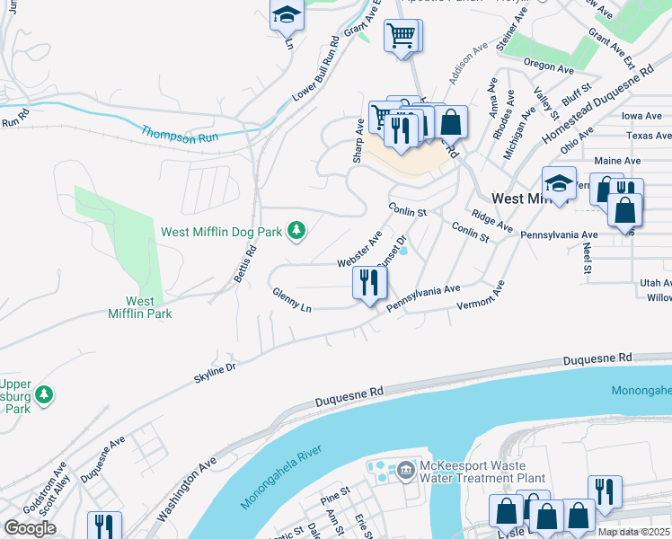 map of restaurants, bars, coffee shops, grocery stores, and more near 2600 Sunset Drive in West Mifflin