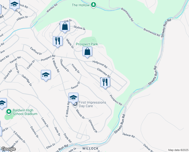 map of restaurants, bars, coffee shops, grocery stores, and more near 1644 Beryl Drive in Pittsburgh