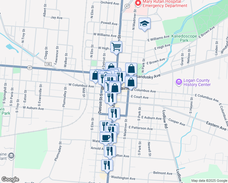 map of restaurants, bars, coffee shops, grocery stores, and more near in Bellefontaine