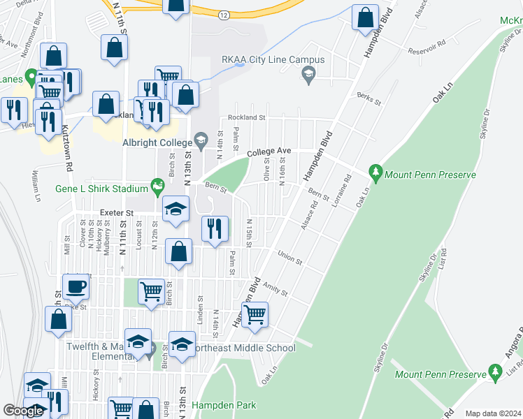 map of restaurants, bars, coffee shops, grocery stores, and more near 1704 Olive Street in Reading
