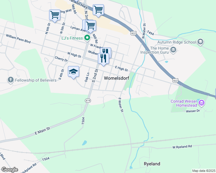 map of restaurants, bars, coffee shops, grocery stores, and more near 117 South Front Street in Womelsdorf