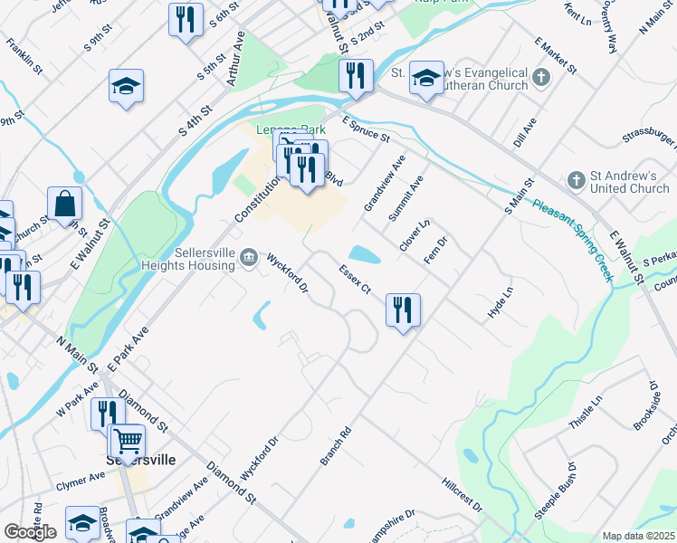 map of restaurants, bars, coffee shops, grocery stores, and more near 368 Essex Ct in Perkasie