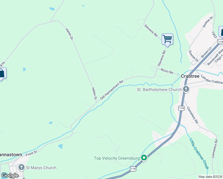 map of restaurants, bars, coffee shops, grocery stores, and more near Old Hannastown Road in Greensburg