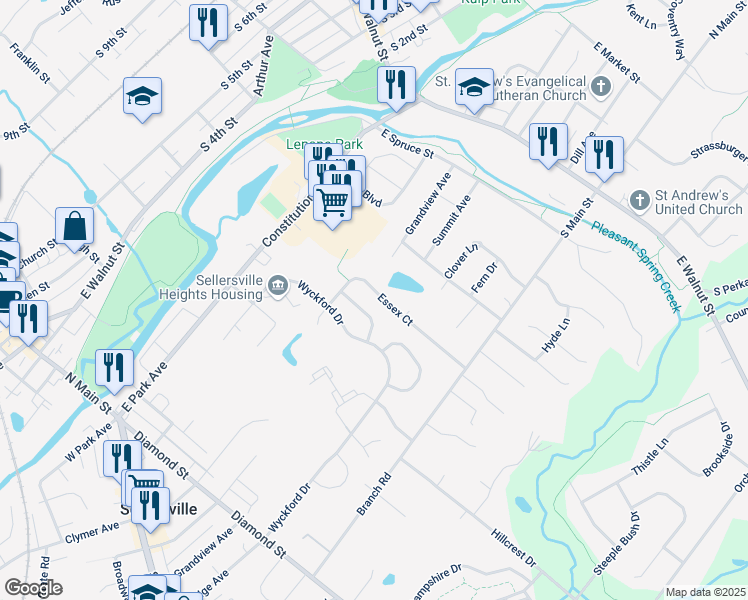 map of restaurants, bars, coffee shops, grocery stores, and more near 368 Essex Ct in Perkasie