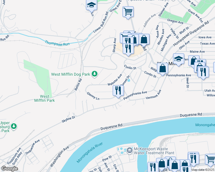 map of restaurants, bars, coffee shops, grocery stores, and more near 2600 Sunset Drive in West Mifflin