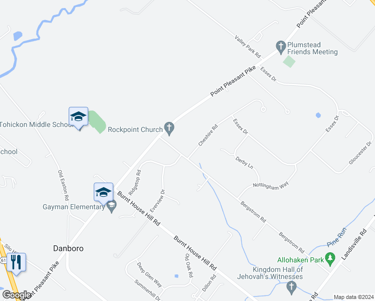 map of restaurants, bars, coffee shops, grocery stores, and more near 4705 Cheshire Road in Doylestown