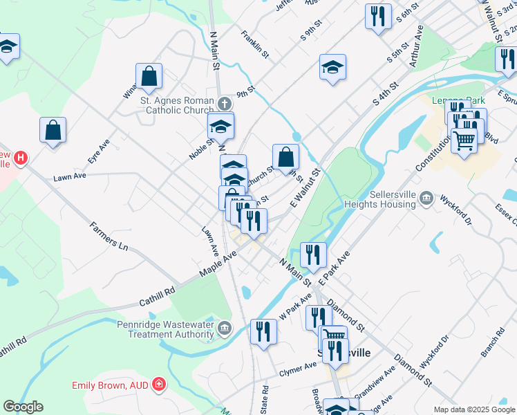 map of restaurants, bars, coffee shops, grocery stores, and more near 40 Green St in Sellersville