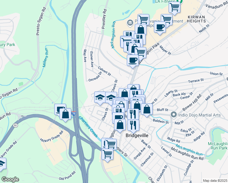 map of restaurants, bars, coffee shops, grocery stores, and more near 258 Murray Avenue in Bridgeville